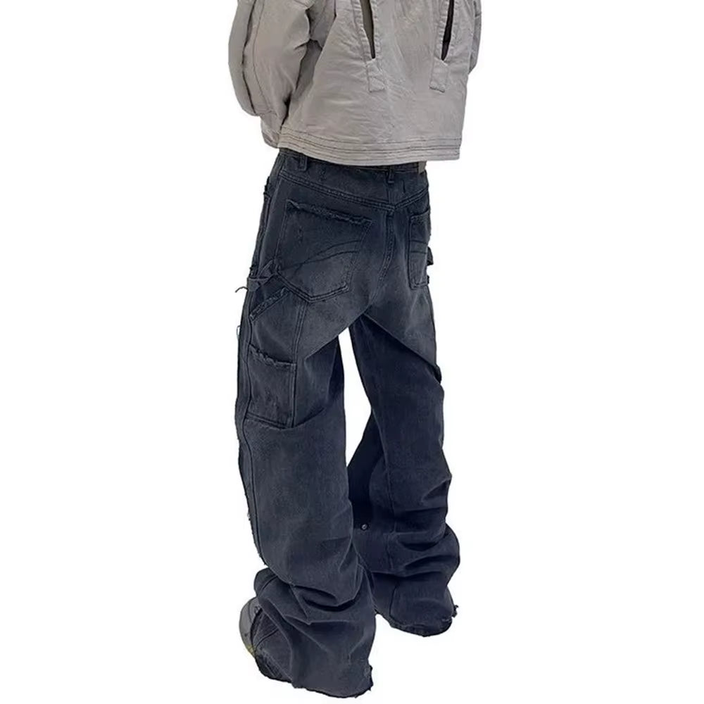 Y2K Fashion Hip Hop High Street Double Knee Washed Design Rivets Destroyed Tassel Cargo Pocket Jeans Men Women Casual Trousers