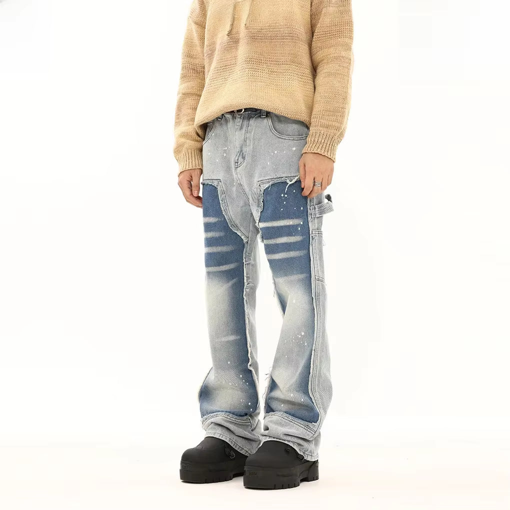 2024 New Men'S Jeans Loose Fit Casual Style American Streetwear Black White Color Block Straight Leg Pants Trendy Brand