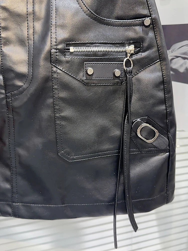 Women'S Pu Leather Skirt Black Zippers Decoration Short Multiple Pockets Design Cargo Skirt Summer 2025 New Fashion 29L8334