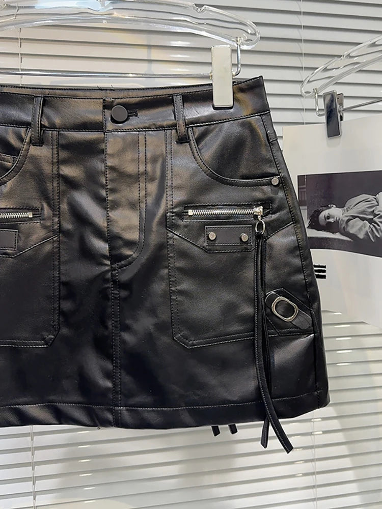 Women'S Pu Leather Skirt Black Zippers Decoration Short Multiple Pockets Design Cargo Skirt Summer 2025 New Fashion 29L8334