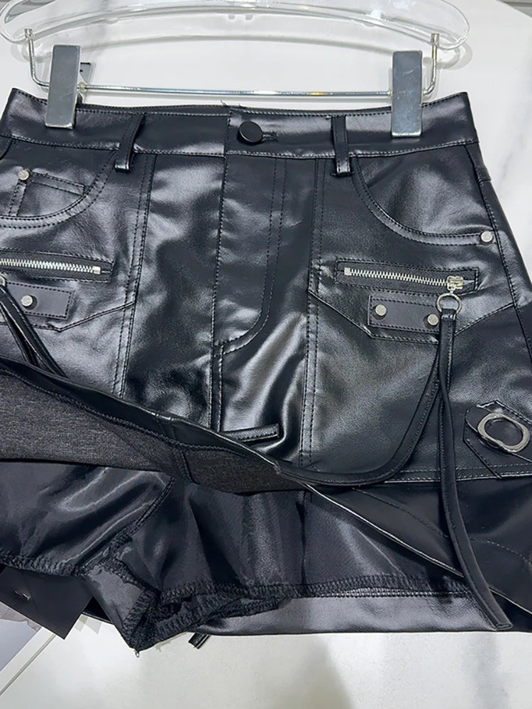 Women'S Pu Leather Skirt Black Zippers Decoration Short Multiple Pockets Design Cargo Skirt Summer 2025 New Fashion 29L8334