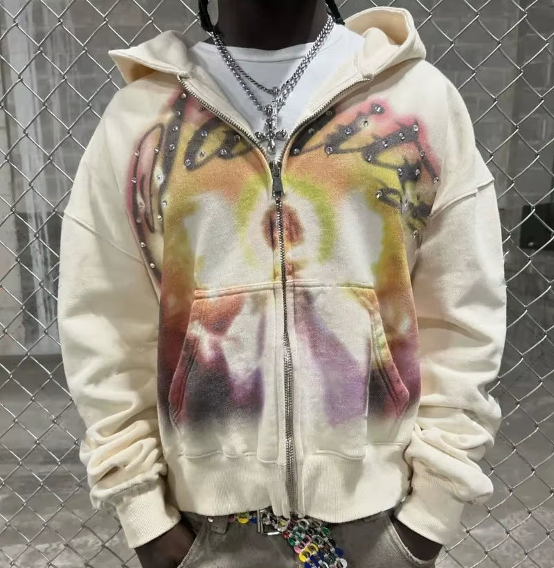 Ropa Deportiva Unisex Europea Y Americana Harajuku Street Retro Cremallera Sudadera Con Capucha Y2K Carta Graffiti Print