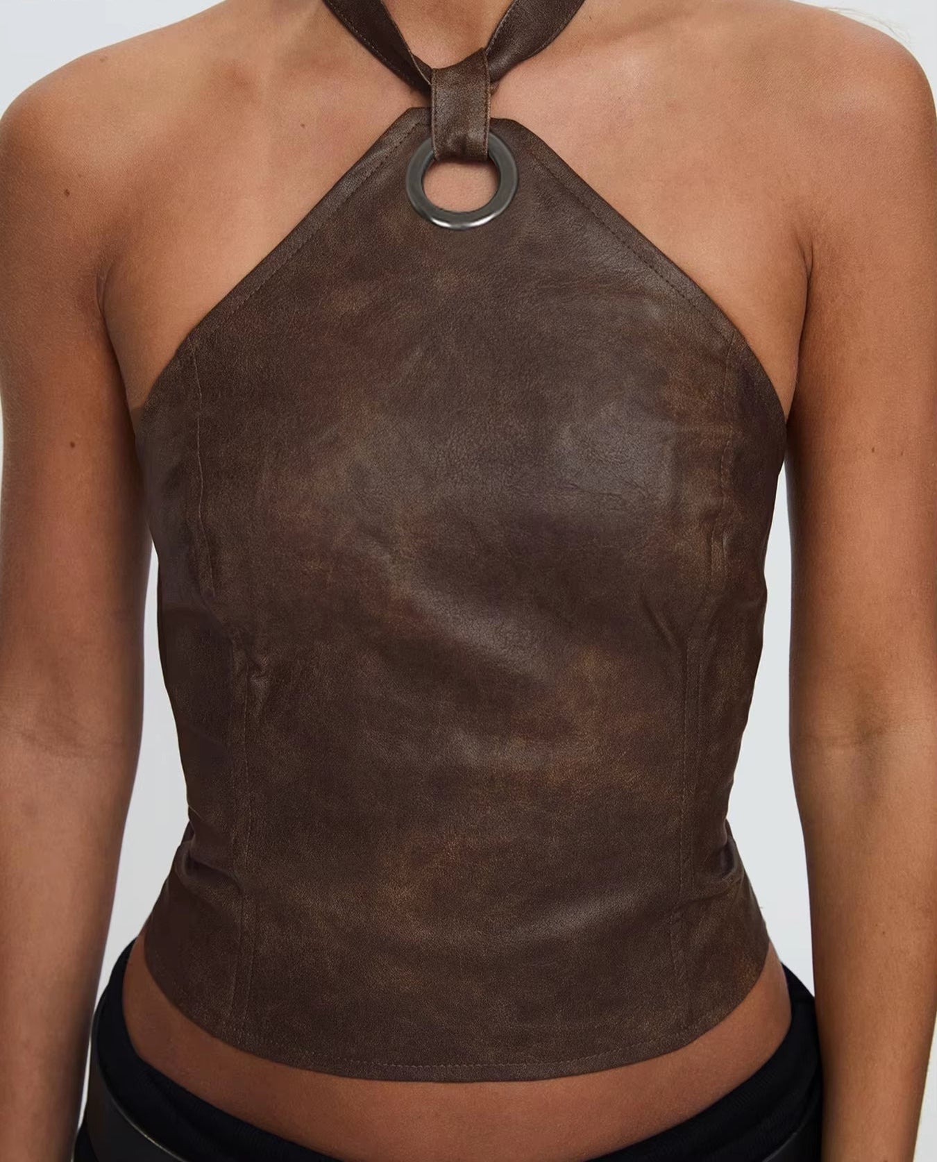 Sexy Slim Bandage Halter Tops Vintage Pu Leather Backless Sleeveless Tank Tops Women 2025 Summer Fashion Streetwear Lady