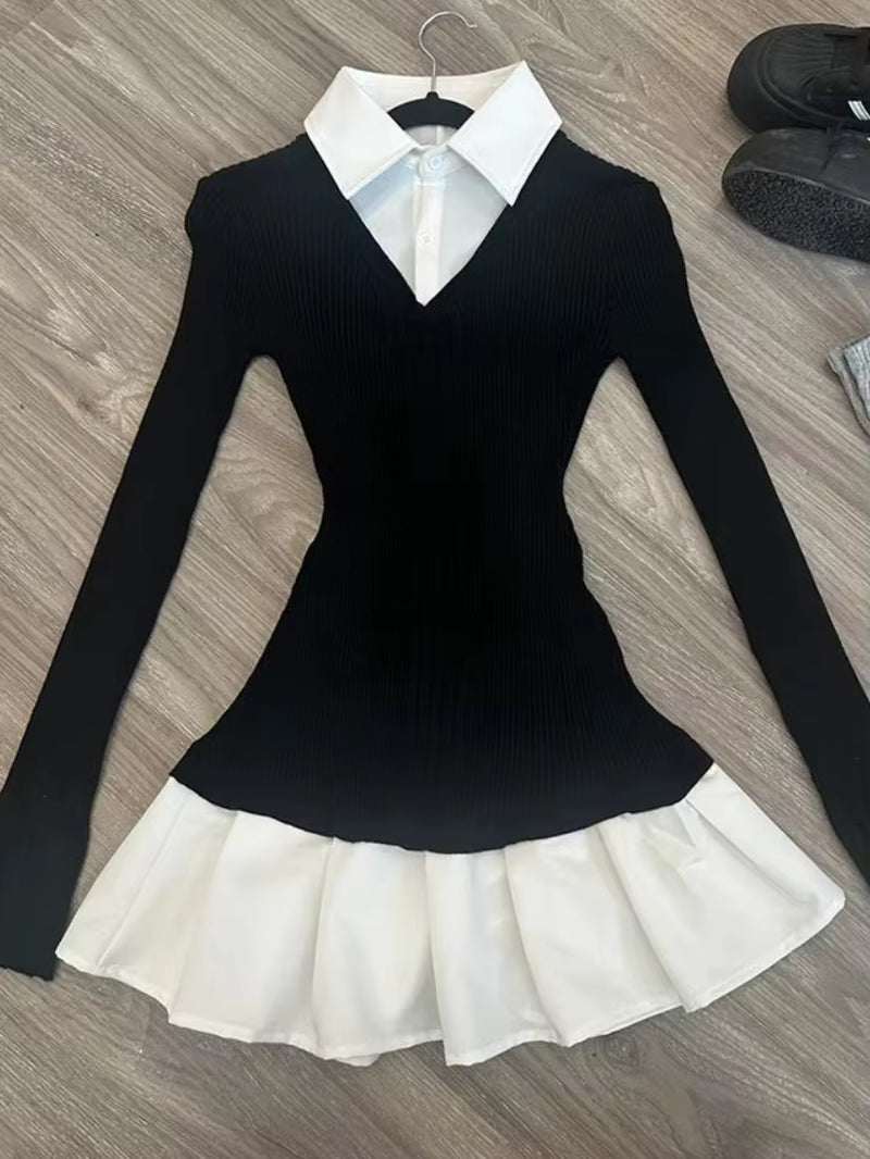 Autumn Korean Fashion Long Sleeve Dress Women Designer Casual Slim Lapel Patchwork Dresses Retro Chic Solid Thin Knit Dress New