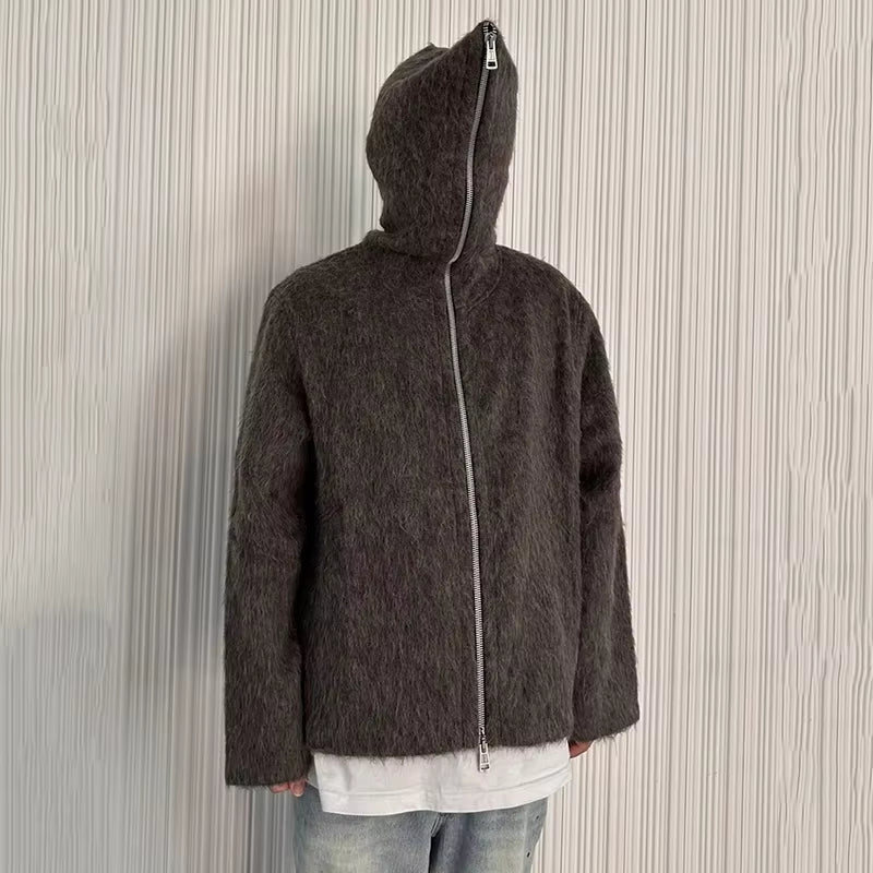 American Style Men'S Cardigan Hooded Zipper Mohair Tops Solid Color Casual Loose Knitting Male Sweaters New Menswear 9W201