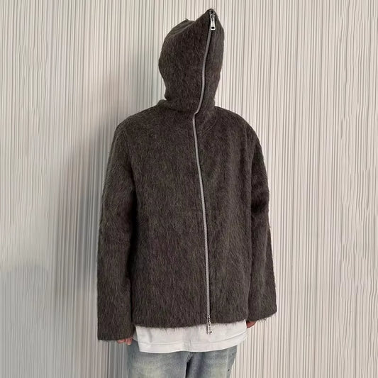 American Style Men'S Cardigan Hooded Zipper Mohair Tops Solid Color Casual Loose Knitting Male Sweaters New Menswear 9W201