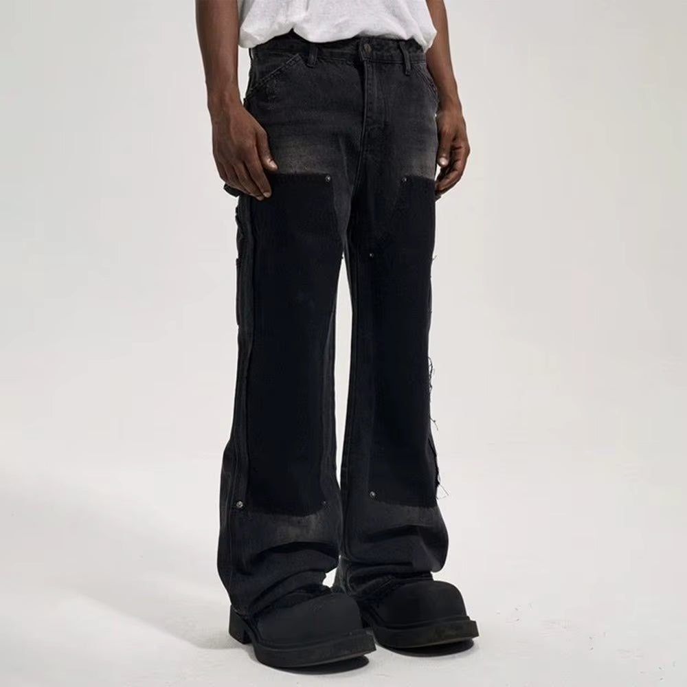 Y2K Fashion Hip Hop High Street Double Knee Washed Design Rivets Destroyed Tassel Cargo Pocket Jeans Men Women Casual Trousers