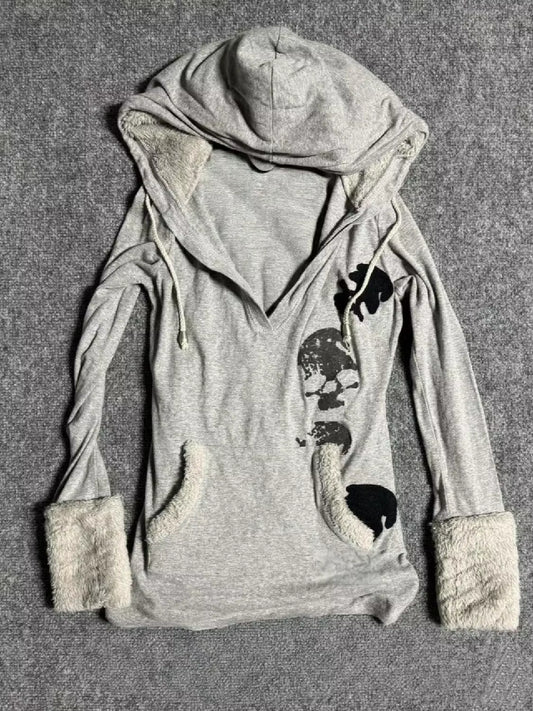 Y2K Aesthetic Skull Print Fur Patchwork Hoodie Women Streetwear Drawstring Hooded Tops Harajuku Sweatshirt Slim Grunge Hoody Top
