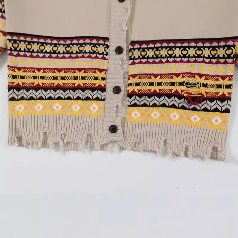 Retro Rainbow Striped Cardigan Sweater Men'S Autumn New Trendy Su Outwear Y2K Knitwears Oversize Raw Edges Frayed Sweatercoat