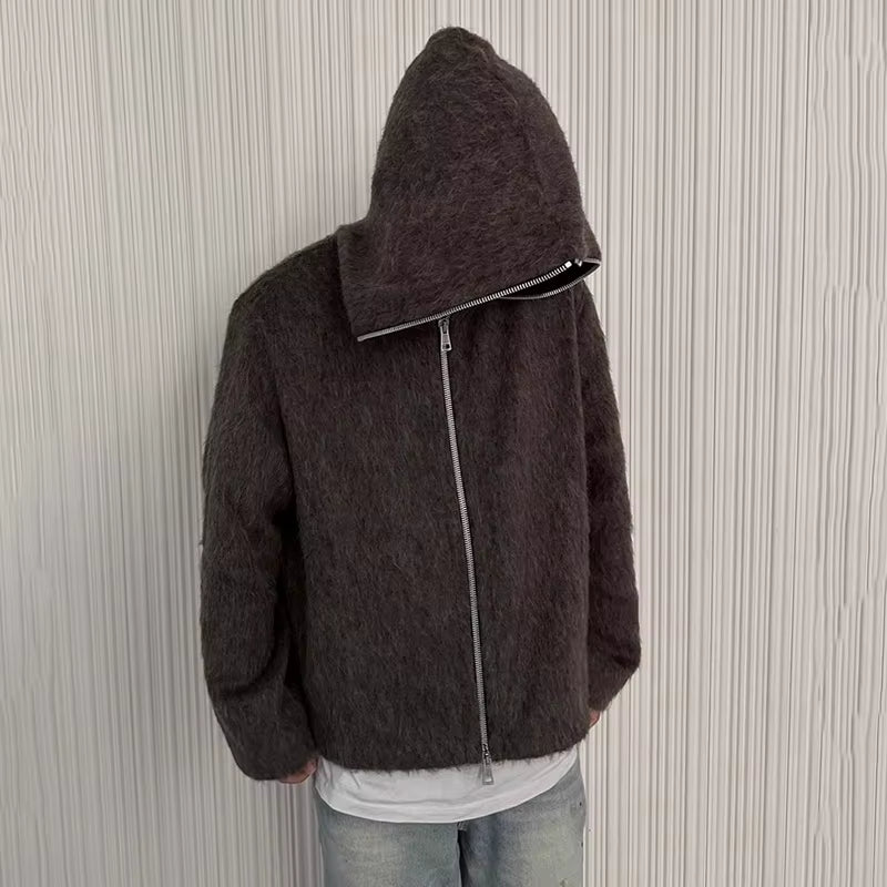 American Style Men'S Cardigan Hooded Zipper Mohair Tops Solid Color Casual Loose Knitting Male Sweaters New Menswear 9W201