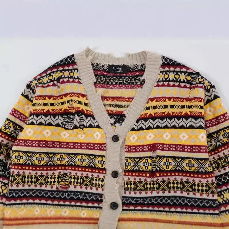 Retro Rainbow Striped Cardigan Sweater Men'S Autumn New Trendy Su Outwear Y2K Knitwears Oversize Raw Edges Frayed Sweatercoat