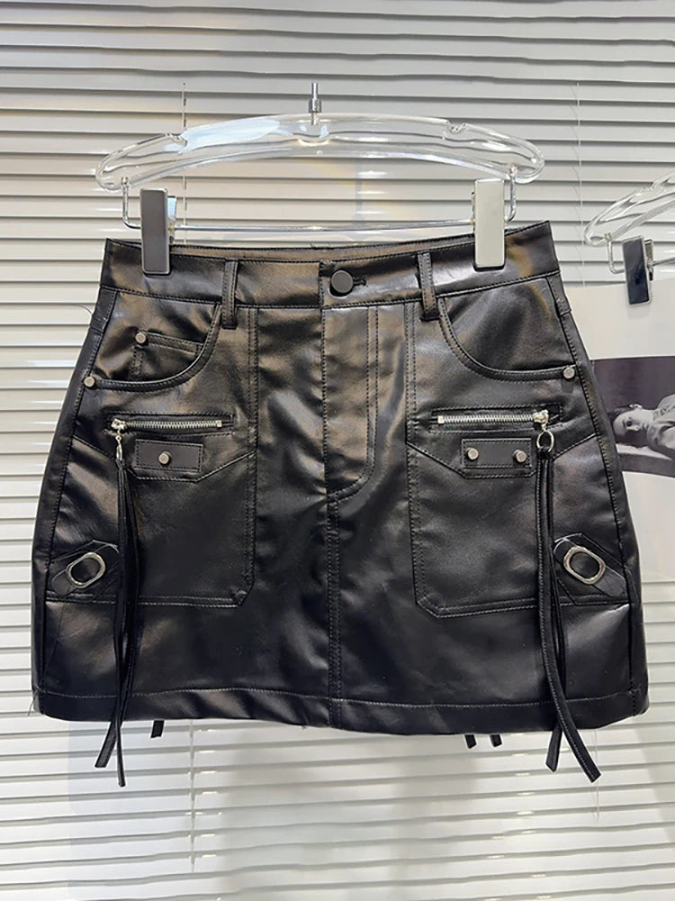 Women'S Pu Leather Skirt Black Zippers Decoration Short Multiple Pockets Design Cargo Skirt Summer 2025 New Fashion 29L8334
