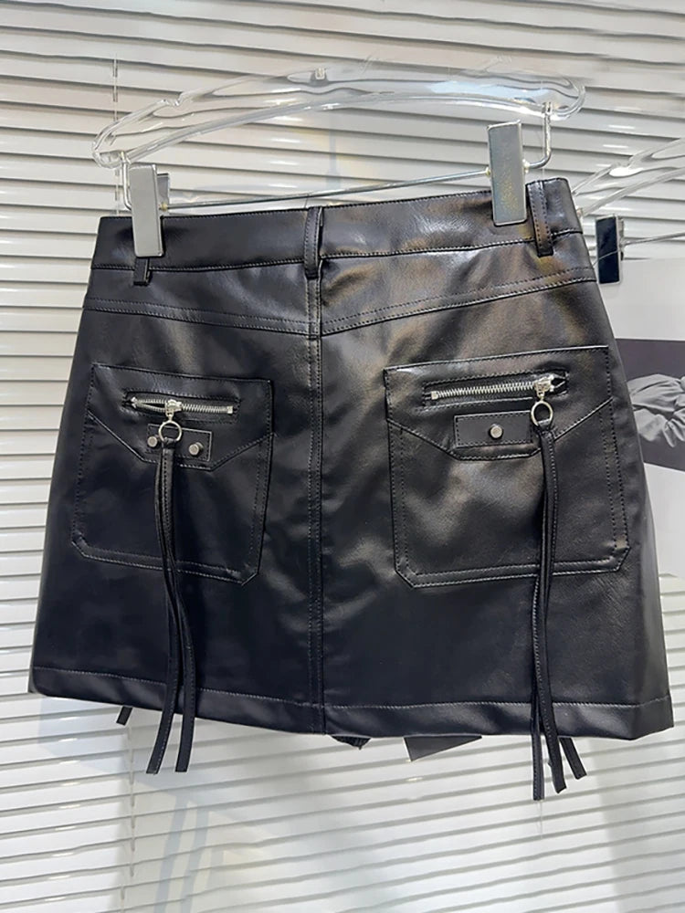 Women'S Pu Leather Skirt Black Zippers Decoration Short Multiple Pockets Design Cargo Skirt Summer 2025 New Fashion 29L8334