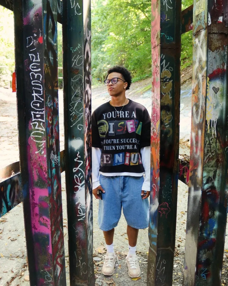 Harajuku Vintage High Street Long Sleeve Splicing Jumper Letter Print Long Sleeve Men Y2K Casual Loose Streetwear Sweatshirt