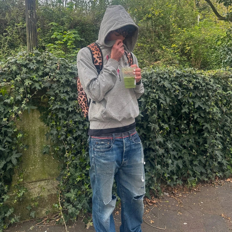 Vintage High Street Gothic Y2K Harajuku Grey Hoodie Men Trendy Retro Cigarette Print Oversize Sweatshirt Hip Hop Punk Streetwear