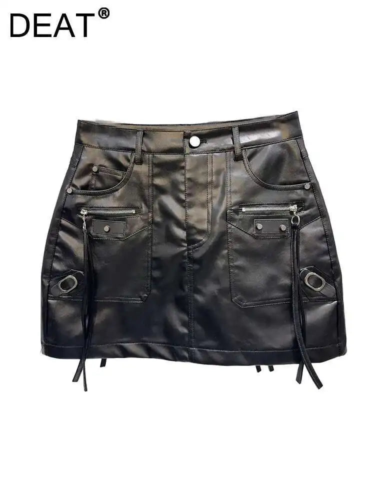 Women'S Pu Leather Skirt Black Zippers Decoration Short Multiple Pockets Design Cargo Skirt Summer 2025 New Fashion 29L8334
