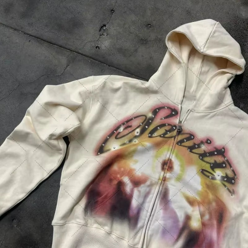 Ropa Deportiva Unisex Europea Y Americana Harajuku Street Retro Cremallera Sudadera Con Capucha Y2K Carta Graffiti Print