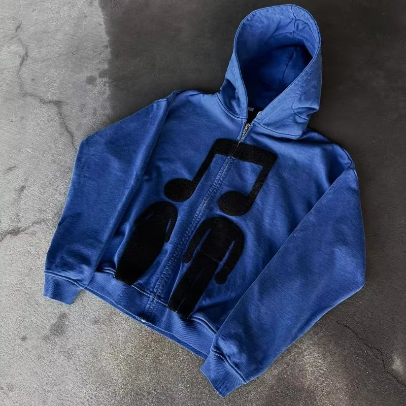 Music Connects Us Oversized Retro Zipper Hoodie Men Y2K American New Trend Harajuku Hip Hop Goth Casual Joker Couple Street Wear