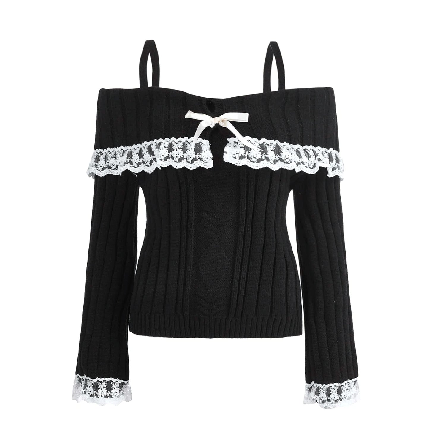 Women'S Cold Shoulder Sweaters Long Sleeve Lace Trim Knit Pullovers Bow Front Jumpers Tops Fall Winter Y2K Clothes