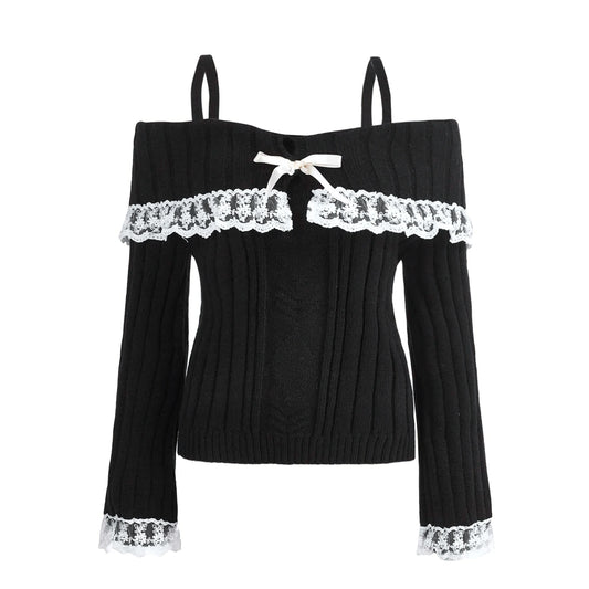 Women'S Cold Shoulder Sweaters Long Sleeve Lace Trim Knit Pullovers Bow Front Jumpers Tops Fall Winter Y2K Clothes