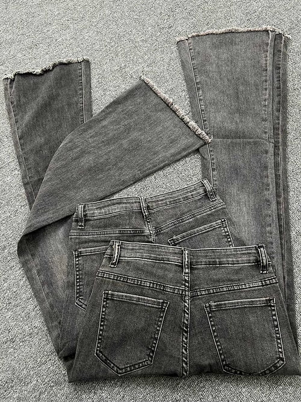 Washed Grey Denim Flare Pants Women Spring Autumn High Waist Retro Tassels Edge Black Grey Jeans Female Slim Trousers Streetwear